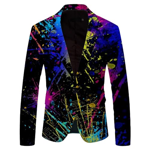 Caxndycing Sakko Herren Bunt Baustein Muster Outfit Fasching Mehrfarbig Blazer Sportlich Herrenjacke Elegante Smoking Freizeit Jacke Abschlussball Karneval Kostüm Regenbogen Jackett von Caxndycing