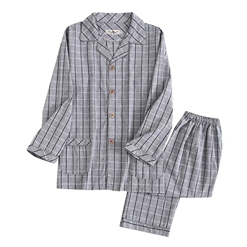 Caxndycing Schlafanzug Herren Karierte Baumwolle Pyjama mit Knopfleiste Set Lang Warmer Winter Schlafanzug Pyjama-Set mit Taschen Schlafanzugset Bequemen Lose Zweiteiliges Lose Homewear von Caxndycing
