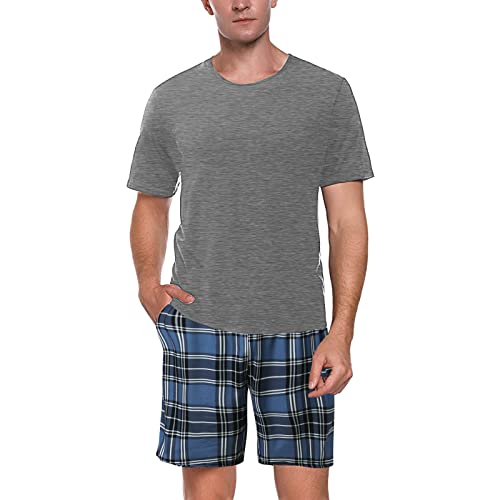 Caxndycing Schlafanzug Herren Kurz Baumwolle Pyjama Sommer Kurzarm Set Nachtwäsche Oberteil Kurze Shorty Sleepwear Hausanzug Shorty Pyjama mit Karierten Herren Pyjamahose und Shirt für Sommer von Caxndycing