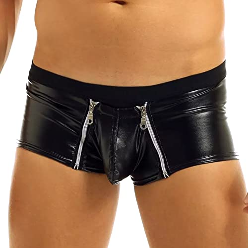 Caxndycing Sexy Herren Leder Unterwäsche Niedrige Taille Offener Schritt Unterhose Wet-Look Herren Boxershorts Unterhose Latex Kurze Hose Lack- Optik Hipster Männer Slip Pants von Caxndycing