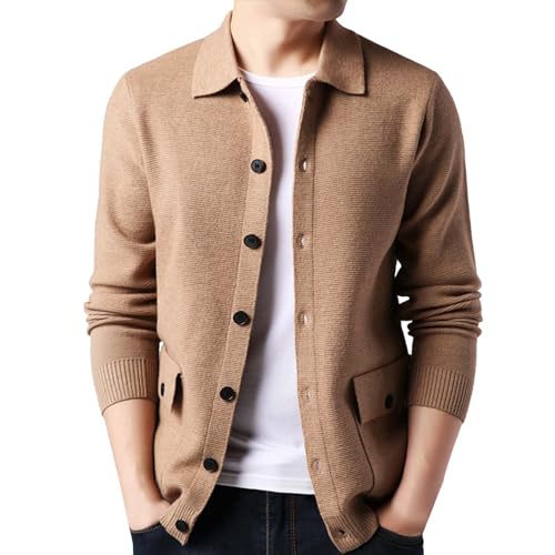 Caxndycing Strickjacke Herren Gestrickte Umschlagkragen Knopfleiste Jacke Langarm Fein-Strick Casual Mantel mit 2 Seitentaschen Button Down Baumwolle Cardigan aus Gerippter von Caxndycing