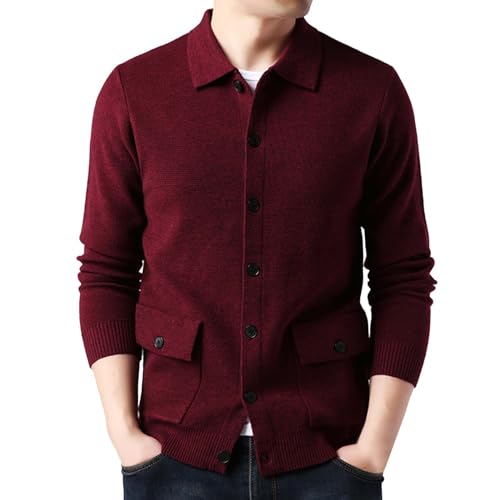 Caxndycing Strickjacke Herren Gestrickte Umschlagkragen Knopfleiste Jacke Langarm Fein-Strick Casual Mantel mit 2 Seitentaschen Button Down Baumwolle Cardigan aus Gerippter von Caxndycing