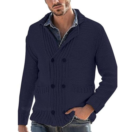 Caxndycing Strickjacke Herren mit Zopfmuster Kragen Grobe Knopfleiste Lässig Winterjacke Langärmelig Einfarbig Strickpullover Geknöpfte Winteroberbekleidung von Caxndycing