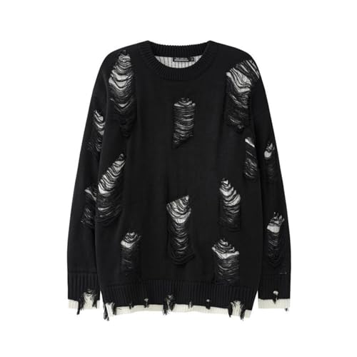 Caxndycing Strickpullover Herren Oversized Patchwork Pullover Unisex Gothic Strickpullover Herbst Winter Mode Top Gestrickt Pulli Rundhals Y2K Sweater Destroyed Look Strick Langarmshirt Fashion von Caxndycing