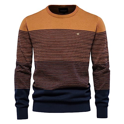 Caxndycing Strickpullover für Herren Streifen Grobstrick Pullover Herbst Winter Strick Pullover im Biker Style Langarm Rundhals Strickpullover Soft Easy Care Pullover von Caxndycing