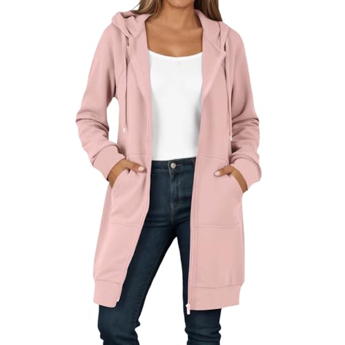 Caxndycing Sweatjacke Damen Hoodie mit Kapuze Lang Herbst Winter Übergangsjacke Casual Einfarbig Kapuzenjacke Locker Kapuzenpullover mit Reißverschluss und Taschen Warm Kapuzenjacke von Caxndycing
