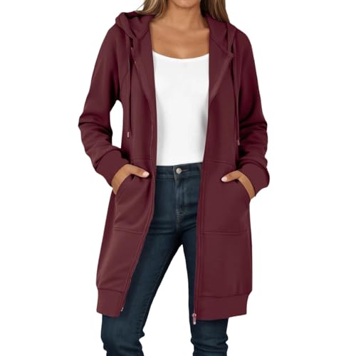 Caxndycing Sweatjacke Damen Hoodie mit Kapuze Lang Herbst Winter Übergangsjacke Casual Einfarbig Kapuzenjacke Locker Kapuzenpullover mit Reißverschluss und Taschen Warm Kapuzenjacke von Caxndycing
