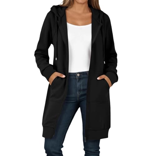 Caxndycing Sweatjacke Damen Hoodie mit Kapuze Lang Herbst Winter Übergangsjacke Casual Einfarbig Kapuzenjacke Locker Kapuzenpullover mit Reißverschluss und Taschen Warm Kapuzenjacke von Caxndycing