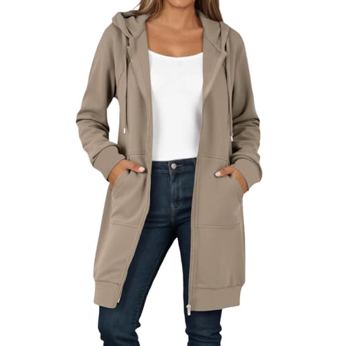 Caxndycing Sweatjacke Damen Hoodie mit Kapuze Lang Herbst Winter Übergangsjacke Casual Einfarbig Kapuzenjacke Locker Kapuzenpullover mit Reißverschluss und Taschen Warm Kapuzenjacke von Caxndycing