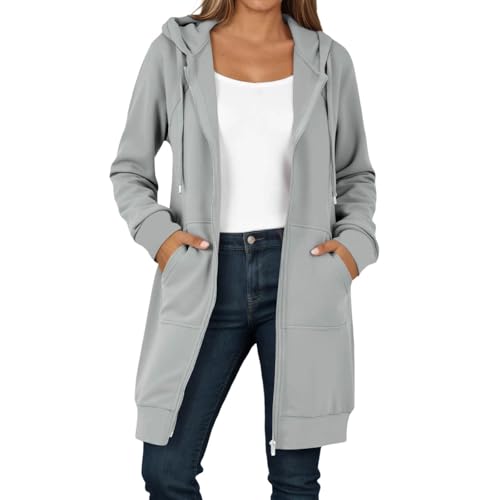 Caxndycing Sweatjacke Damen Hoodie mit Kapuze Lang Herbst Winter Übergangsjacke Casual Einfarbig Kapuzenjacke Locker Kapuzenpullover mit Reißverschluss und Taschen Warm Kapuzenjacke von Caxndycing