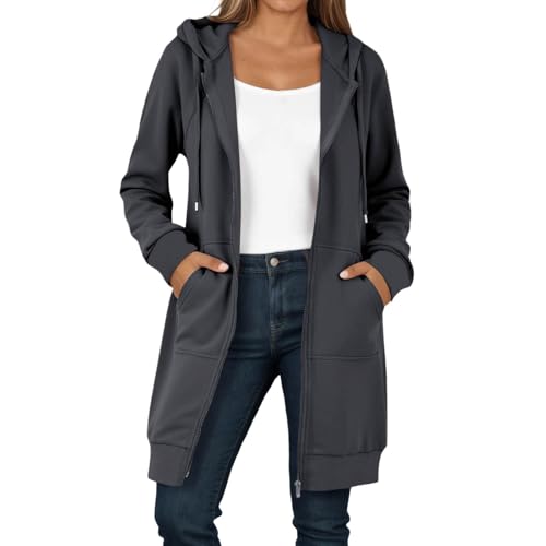 Caxndycing Sweatjacke Damen Hoodie mit Kapuze Lang Herbst Winter Übergangsjacke Casual Einfarbig Kapuzenjacke Locker Kapuzenpullover mit Reißverschluss und Taschen Warm Kapuzenjacke von Caxndycing
