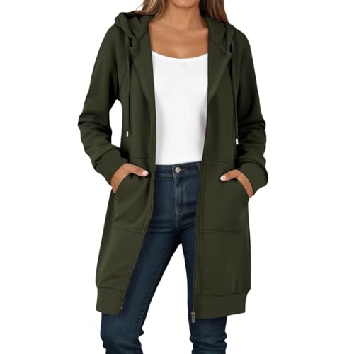 Caxndycing Sweatjacke Damen Hoodie mit Kapuze Lang Herbst Winter Übergangsjacke Casual Einfarbig Kapuzenjacke Locker Kapuzenpullover mit Reißverschluss und Taschen Warm Kapuzenjacke von Caxndycing