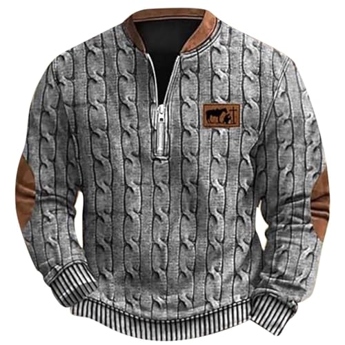 Caxndycing Sweatshirt Herren Halber Reißverschluss mit Stehkragen Ohne Kapuze Pullover Langarm Classic Pulli Top Mens Sweater Vintage Knit Print Zip Up Langarmshirt von Caxndycing