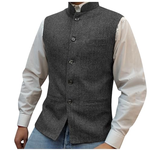 Caxndycing Weste Herren Trachtenweste aus Wolle Vintage Retro Wollen Anzugweste mit Knopfleiste Jahrgang Hoher Kragen Westen für Hochzeits Elegante Ärmellose Stehkragen Tank Tops von Caxndycing