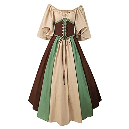 Damen Kleid Kurzarm Mittelalter Kleid Cosplay Dress Mittelalter Renaissance Vintage Gothic Kleid Frauen Schulterfrei Patchwork Maxikleid Party Lange Kleid Court Style Vintage Kurzarm Kleid von Caxndycing