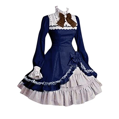 Dienstmädchenkleid Damen Halloween Gothic Mini Kleid Stehkragen Rüschenkleid Geschichtetes Karnevalskleid Lolita Rock Sommerkleider Süßes Cosplay Party Dress von Caxndycing