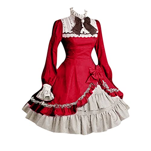 Dienstmädchenkleid Damen Halloween Gothic Mini Kleid Stehkragen Rüschenkleid Geschichtetes Karnevalskleid Lolita Rock Sommerkleider Süßes Cosplay Party Dress von Caxndycing