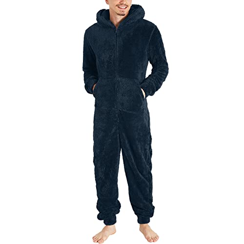 Herren Einteiler Schlafanzug Schlafoverall Reißverschluss Overall Teddy Fleece Einteiler Onesie Schlafanzug Kuschelig Lang Pyjama Flauschig Weich Hausanzug Einfarbig Schlafoverall mit Kapuze von Caxndycing