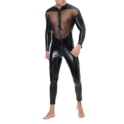 Latex ähnliches Herren Catsuit Wetlook Lack Leder Overall Männer Mesh Komplett Anzug Dessous Bodysuit Slim Fit Sext Muskel Jumpsuit Langarm Shirts und Lange Hose Einteiler Wetlook Bodysuit von Caxndycing