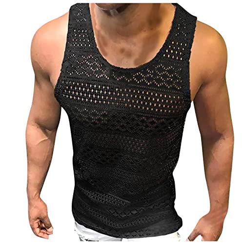 Tank Top Herren Sommer Einfarbig Stricken Hollow Ärmellos T-Shirt Netzhemd Transparent Muskel Tank Top Netz Casual Shirts Ärmellos Netzshirt Dünn Atmungsaktiv Netzoberteil von Caxndycing