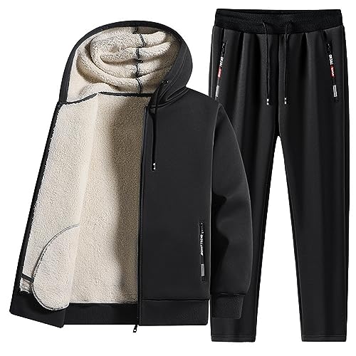 Warmer Jogginganzug Herren Winter Plüsch Trainingsanzug Herren Fleece Hausanzug Herren Winter Gefüttert und Warm Jogginganzug Herren Innen Mit Fell Kapuzenjacke Jogginghose Bekleidungsset 2-Teilig von Caxndycing