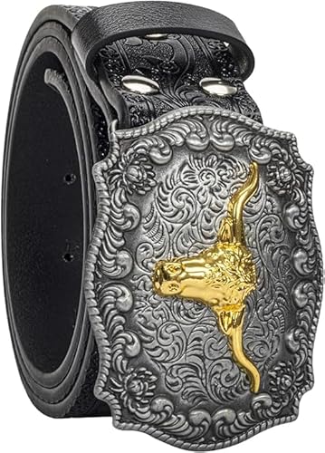 CaySep Western-Cowboy-Gürtel für Damen und Herren, Vintage-Blumen-Gravur, Stierkopf-Schnalle, Cowgirl-Taillengürtel für Taille von 64 bis 97 cm, Black-Style1, 120cm/For Waist 86cm-99cm CaySep Western-Cowboy-Gürtel für Damen und Herren, Vintage-Blumen-Gravur, Stierkopf-Schnalle, Cowgirl-Taillengürtel für Taille von 64 bis 97 cm, Black-Style1, 120cm/For Waist 86cm-99cm von CaySep