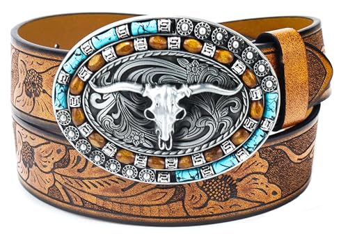 Western-Cowboy-Gürtel für Damen, PU-Leder, Longhorn, Stier, Türkis, geprägte Schnalle, Gürtel für Jeans, Hosen, Kleider, Braun, Suit for 34"-39" Waist Western-Cowboy-Gürtel für Damen, PU-Leder, Longhorn, Stier, Türkis, geprägte Schnalle, Gürtel für Jeans, Hosen, Kleider, Braun, Suit for 34"-39" Waist von CaySep