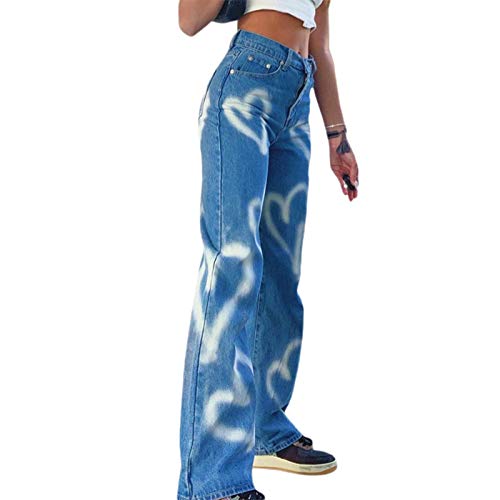 Caziffer Breites Bein-Jeans für Damen mit hoher Taille, Jeans, gerade breit, lässig, bedruckt, mit Schmetterling und Herz, Hose aus Denim Y2K Streetwear Fashion, Blaues Herz, M von Caziffer