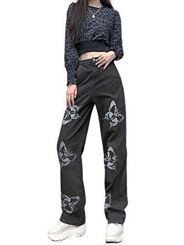 Caziffer Breites Bein-Jeans für Damen mit hoher Taille, Jeans, gerade breit, lässig, bedruckt, mit Schmetterling und Herz, Hose aus Denim Y2K Streetwear Fashion, Grauer Schmetterling, M von Caziffer