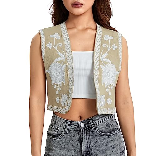 Caziffer Damen Ärmellos Cardigan Floral Stickerei Weste Retro Ethno Stil Open Front Damen Leichte Weste Damen Chic Casual Gillet, khaki, 32 von Caziffer