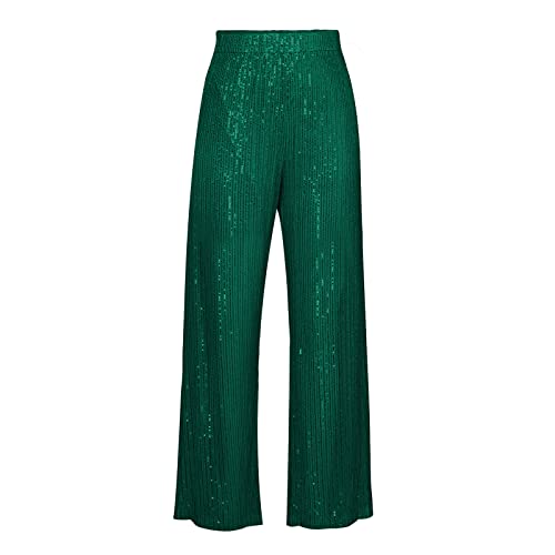 Caziffer Damen-Glitzerhose, glitzernd, hohe Taille, Pailletten, Glitzerhose, weites Bein, lockeres, gerades Bein, glitzernde Hose, Clubwear, Streetwear, Green, L von Caziffer