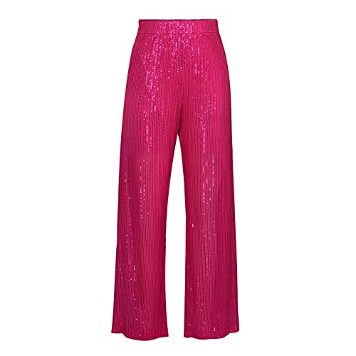 Caziffer Damen-Glitzerhose, glitzernd, hohe Taille, Pailletten, Glitzerhose, weites Bein, lockeres, gerades Bein, glitzernde Hose, Clubwear, Streetwear, Rose Red, M von Caziffer