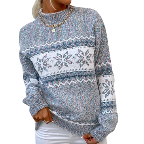 Caziffer Damen Lose Weihnachten Strickpullover Pullover Cartoon Schneeflocke Druck Langarm Halb Hoher Hals Pullover Urlaub Strickwaren, grau, M von Caziffer