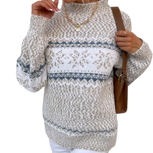 Caziffer Damen Lose Weihnachten Strickpullover Pullover Cartoon Schneeflocke Druck Langarm Halb Hoher Hals Pullover Urlaub Strickwaren, khaki, M von Caziffer