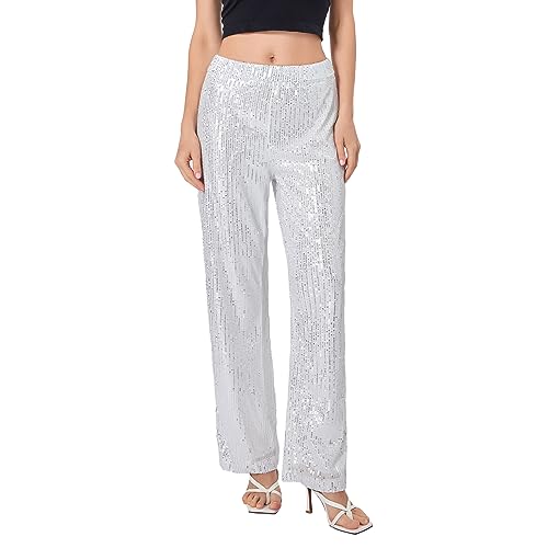 Caziffer Damen Pailletten Hosen Hohe Taille Glitzer Bling Hosen Diskothek Breite Glitzer Gerade Bein Clubwear Streetwear, A Silber, L von Caziffer