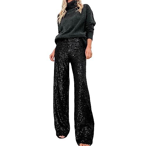 Caziffer Damen Pailletten Hosen Hohe Taille Glitzer Bling Hosen Diskothek Breite Glitzer Gerade Bein Clubwear Streetwear, Schwarz, M von Caziffer