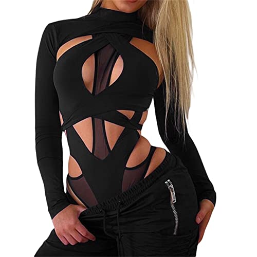 Caziffer Damen Sexy Jumpsuit Cut Out Skinny Tanga Bodysuit Rave Outfits Neon Crop Top Langarm Tank Top Jumpsuit Tank Top, Schwarz , 38 von Caziffer