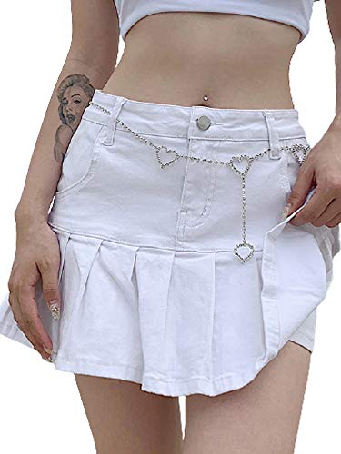 Caziffer Faltenrock aus Denim Y2k für Damen, Sommer, mit Linien, gefaltet, Mini-Rock mit hoher Taille, lässig, für Damen mit Party Club, warm, gefüttert, Uniform, Weiß, S von Caziffer