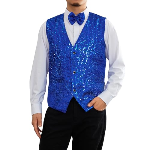 Caziffer Glänzende Pailletten-Weste für Herren, tiefer V-Ausschnitt, einfarbig, Partykleid, Anzugweste, Fliege, Knopf, Weste für Business, Hochzeit, blau, L Caziffer Glänzende Pailletten-Weste für Herren, tiefer V-Ausschnitt, einfarbig, Partykleid, Anzugweste, Fliege, Knopf, Weste für Business, Hochzeit, blau, L von Caziffer