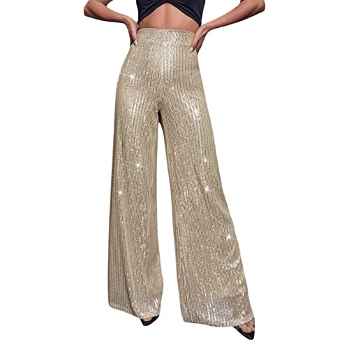 Caziffer Glitzer-Schlaghose für Damen, weites Bein, elegant, glänzend, Pailletten, hohe Taille, lockere glitzernde Hose für Club-Party, champagnerfarben, M von Caziffer