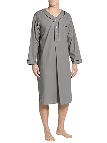 Caziffer Herren Nachthemd V-Ausschnitt Langarm Knöpfen Einfarbig Locker mit Taschen Robe (Grau, 3XL) von Caziffer