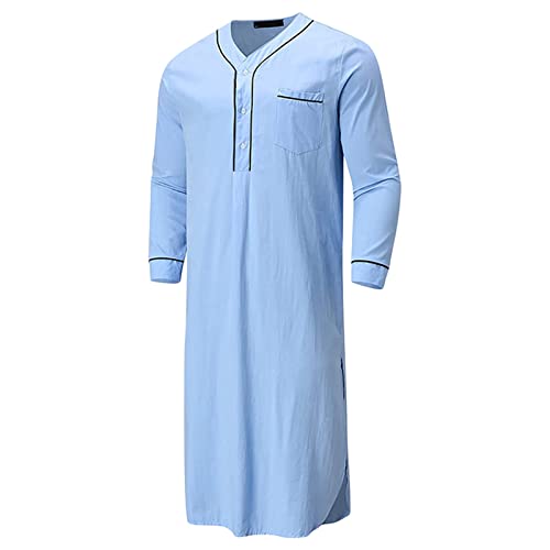 Caziffer Herren Nachthemd V-Ausschnitt Langarm Knöpfen Einfarbig Locker mit Taschen Robe (Hellblau, 3XL) von Caziffer