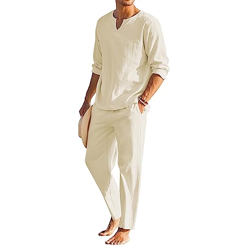 Caziffer Herren Sommer Baumwolle Leinen Kleidung Einfarbig Langarm Henley Shirt + Elastische Taille Kordelzug Hosen 2 Stück Loungewear Set, khaki, L von Caziffer