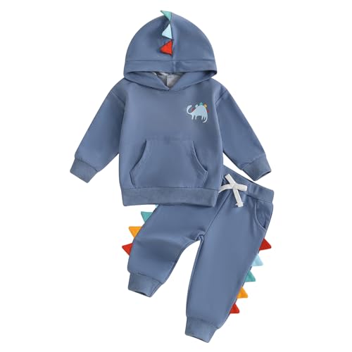 Caziffer Kleinkind Kinder Jungen 2-teiliges Outfit Langarm Stickerei Dinosaurier Hoodie mit elastischer Taille Sweatpants Herbst Trainingsanzug, C Blau, 3-4 Years von Caziffer