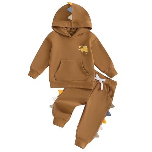 Caziffer Kleinkind Kinder Jungen 2-teiliges Outfit Langarm Stickerei Dinosaurier Hoodie mit elastischer Taille Sweatpants Herbst Trainingsanzug, C Khaki, 2-3 Years von Caziffer