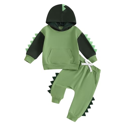 Caziffer Kleinkind Kinder Jungen 2-teiliges Outfit Langarm Stickerei Dinosaurier Hoodie mit elastischer Taille Sweatpants Herbst Trainingsanzug, E Grün, 3-4 Years von Caziffer