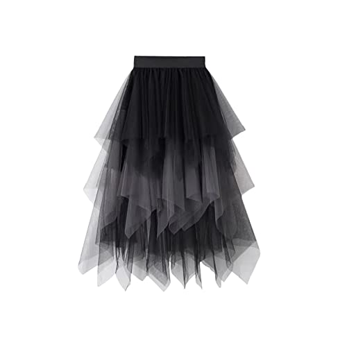 Caziffer Retro Tutu Tüllrock A-Line für Damen, lange, elastische Taille, hohe Farbe, solide Puffy Mesh, zerknittert, lang, formell, geschichtet, für die Party, D Schwarz Grau, One size von Caziffer