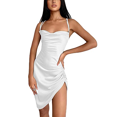 Caziffer Sexy Damen-Kleid mit Riemen, figurbetontes Mini-Kleid, Sommerkleid mit Schulterriemen, gerafft, Abendkleid mit Schnürung, Y2K Streetwear, E-Girl 90er Jahre, Weiß, L von Caziffer