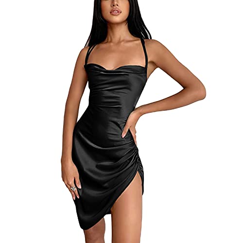 Caziffer Sexy Damen-Kleid mit Riemen, figurbetontes Mini-Kleid, Sommerkleid mit Schulterriemen, gerafft, Abendkleid mit Schnürung, Y2K Streetwear, E-Girl 90er Jahre, Schwarz , L von Caziffer