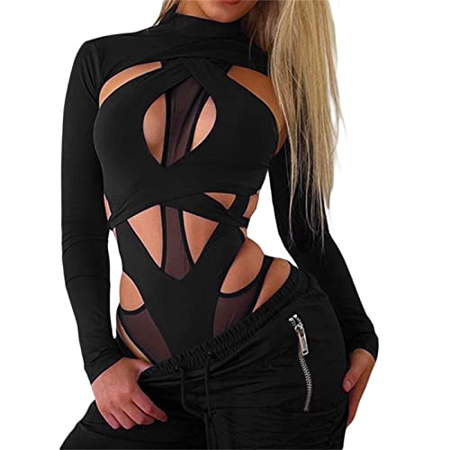 Caziffer Sexy Frauen Cut Out Skinny Tanga Bodysuit Rave Outfits Neon Crop Top Langarm Jumpsuit Tank Top (Schwarz, S) von Caziffer